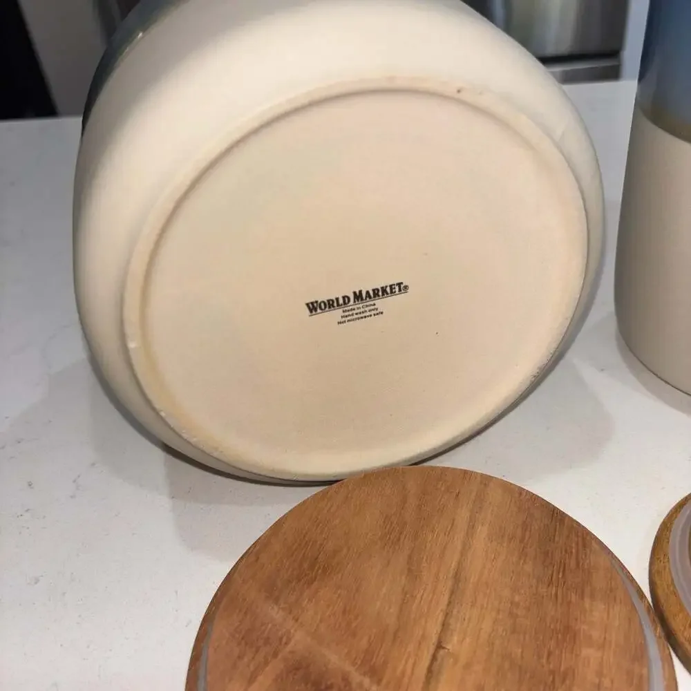 Set of 2 World Market Blue and Cream Ceramic Canisters Wooden Lids
